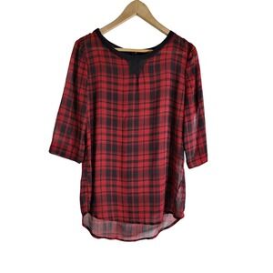 JMK Red Black Plaid Sheer Blouse 3/4 Sleeve Exposed Back Zipper Sz M 90s Grunge